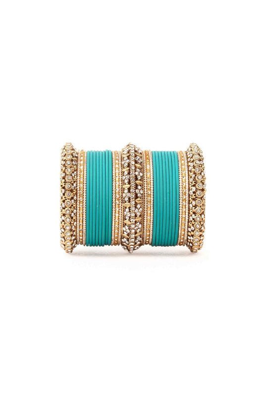 Artistic Alloy Material Cyan Color Bridal Matte Textured Bangle Set