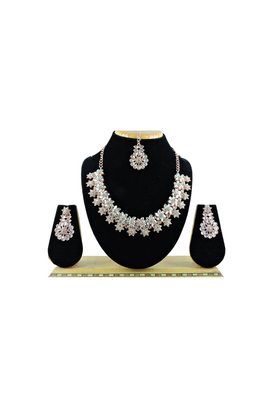 Alloy Material Silver Color Trendy Necklace With Earrings and Mang Tikka