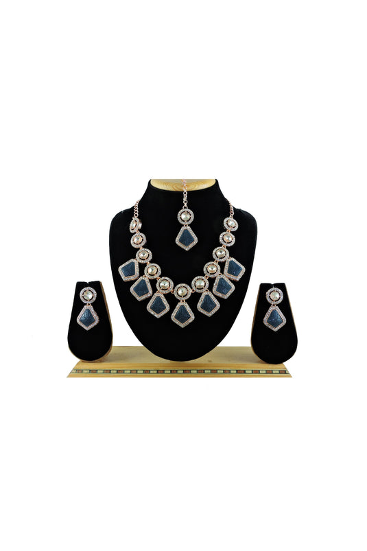 Navy Blue Color Alloy Material Engaging Necklace With Earrings And Mang Tikka