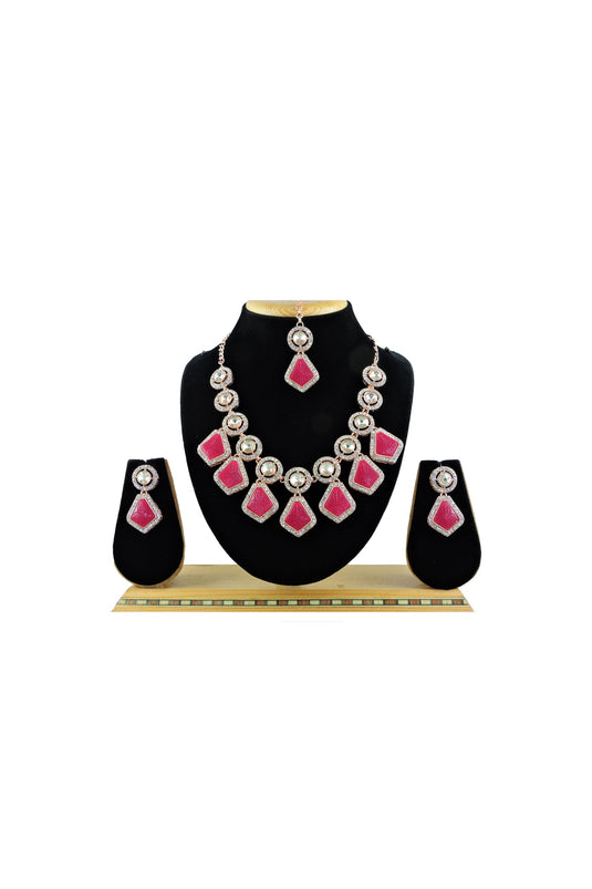 Rani Color Alloy Material Stunning Necklace With Earrings And Mang Tikka