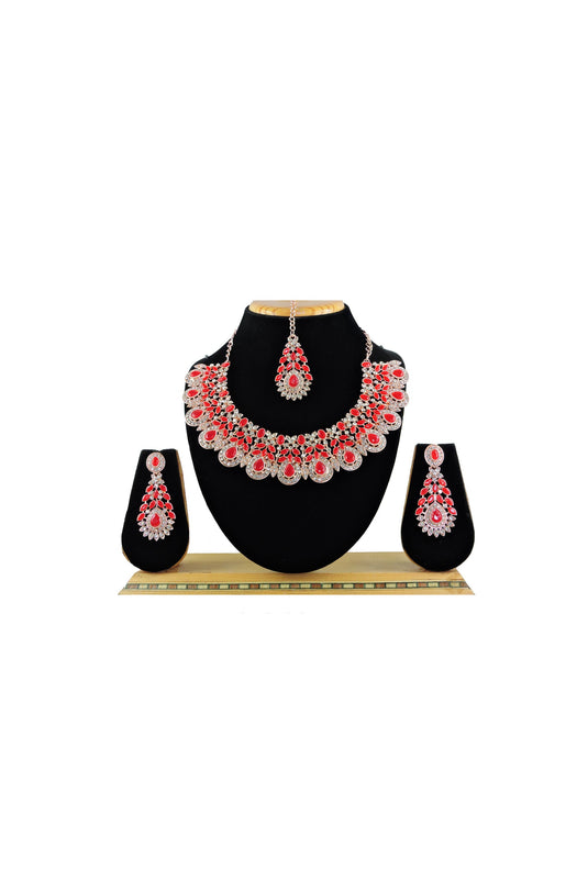 Red Color Glorious Alloy Material Necklace with Earrings and Mang Tikka