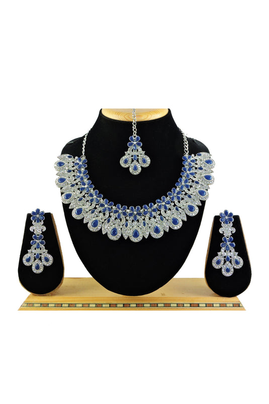 Navy Blue Color Princely Alloy Necklace with Earrings and Mang Tikka