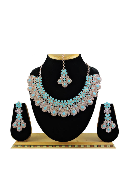 Engaging Cyan Color Alloy Necklace with Earrings and Mang Tikka