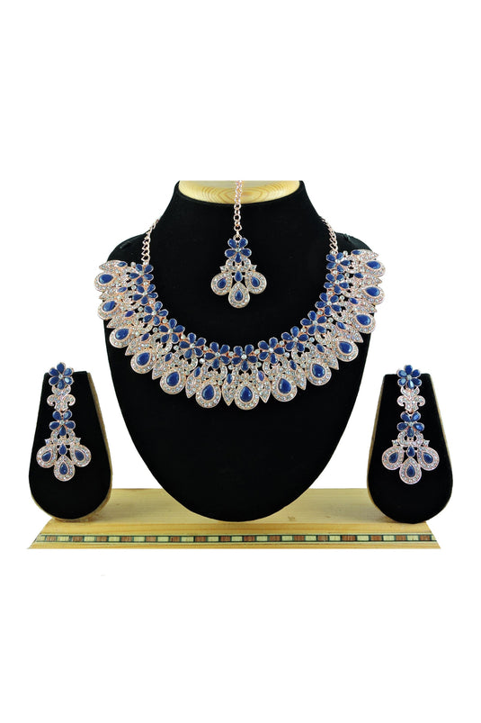 Beguiling Navy Blue Color Alloy Necklace with Earrings and Mang Tikka