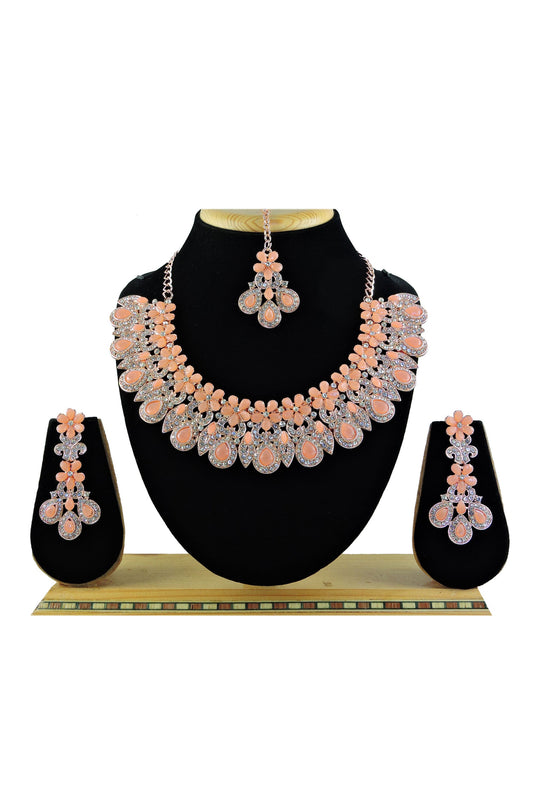 Incredible Alloy Necklace with Earrings and Mang Tikka In Peach Color