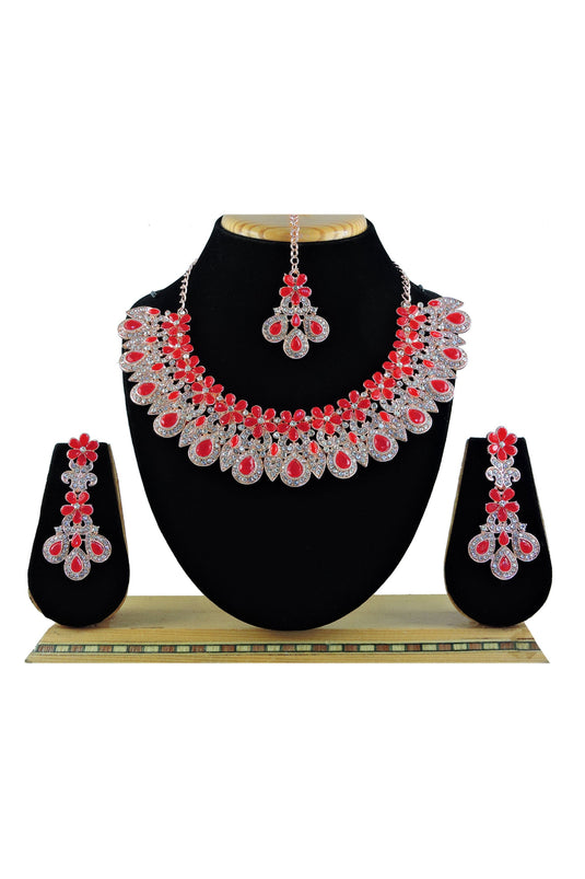 Engaging Red Color Alloy Necklace with Earrings and Mang Tikka