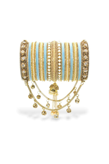Excellent Alloy Material Light Cyan Color Bridal Jhoola Style Bangle Set For Two Hands
