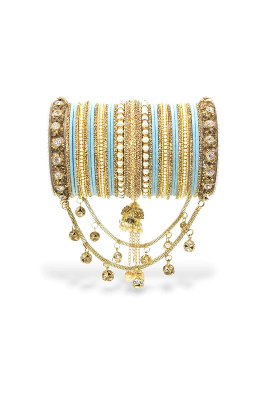 Excellent Alloy Material Light Cyan Color Bridal Jhoola Style Bangle Set For Two Hands