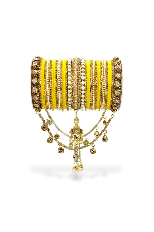 Yellow Color On Alloy Material Stunning Bridal Jhoola Style Bangle Set For Two Hands