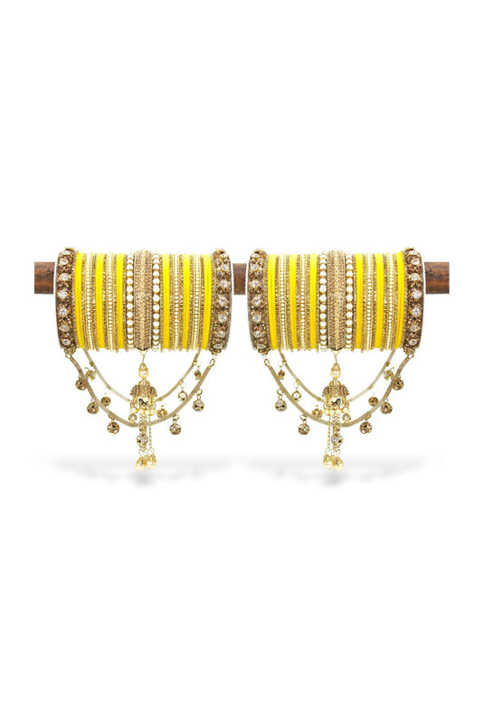 Yellow Color On Alloy Material Stunning Bridal Jhoola Style Bangle Set For Two Hands