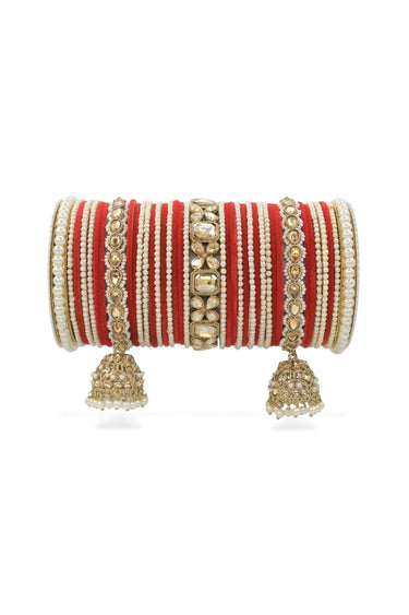 Alloy Material Red Color Tempting Jhumki Bridal Set With Pearl Kadas