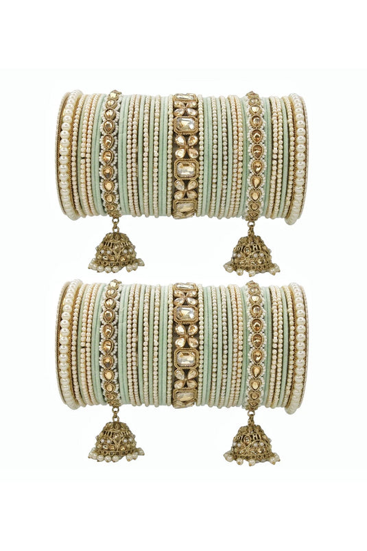 Fashionable Sea Green Color Alloy Material Jhumki Bridal Set With Pearl Kadas