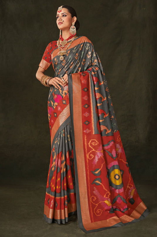 Printed Work On Art Silk Fabric Bewitching Saree In Grey Color