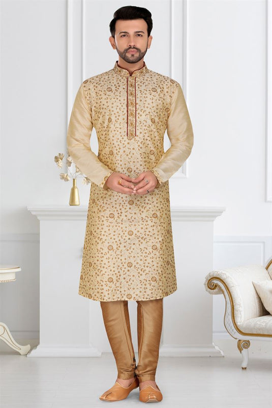 Silk Fabric Sangeet Wear Readymade Trendy Mens Kurta Pyjama In Beige Color