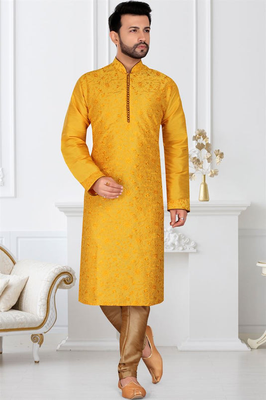 Yellow Color Banarasi Silk Fabric Reception Wear Readymade Designer Mens Kurta Pyjama