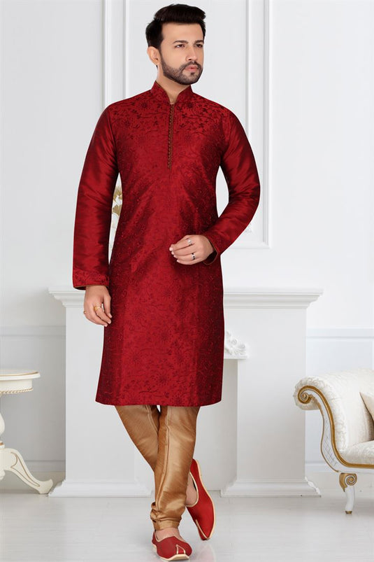 Red Color Silk Fabric Reception Wear Readymade Trendy Mens Kurta Pyjama