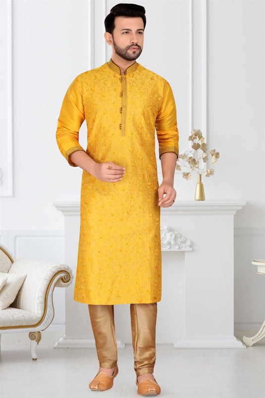 Yellow Color Silk Fabric Sangeet Wear Readymade Designer Mens Kurta Pyjama