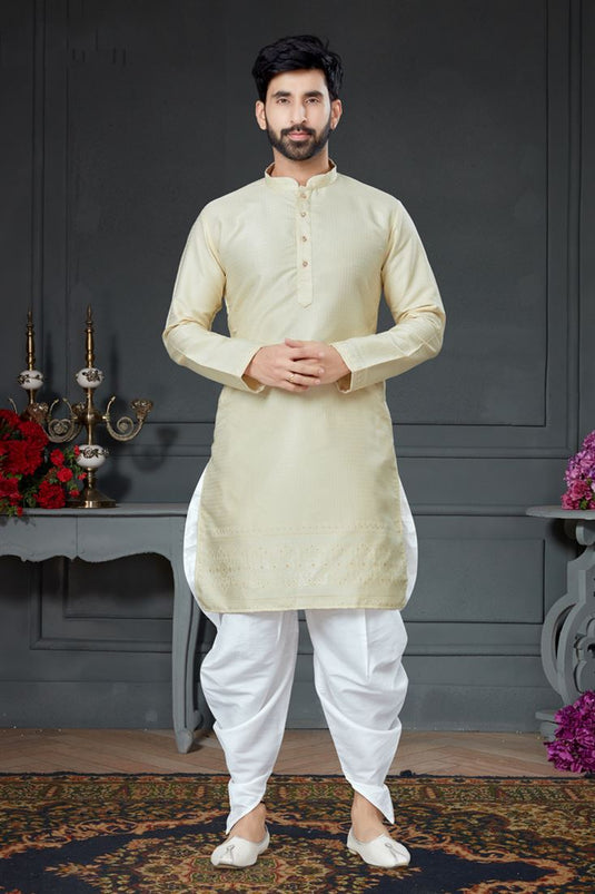 Cream Color Sangeet Wear Pretty Dhoti Style Kurta Pyjama For Men In Cotton Silk Fabric