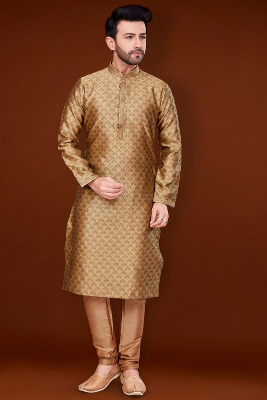 Golden Color Jacquard Fabric Coveted Kurta Pyjama For Men