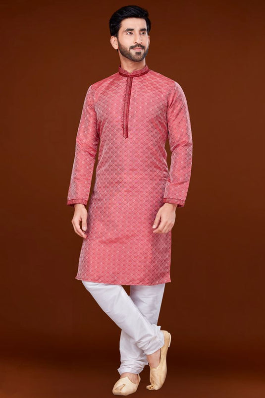 Jacquard Fabric Pink Color Riveting Kurta Pyjama For Men