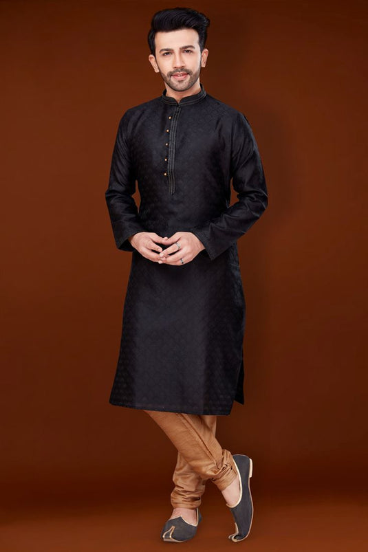 Jacquard Fabric Black Color Excellent Kurta Pyjama For Men