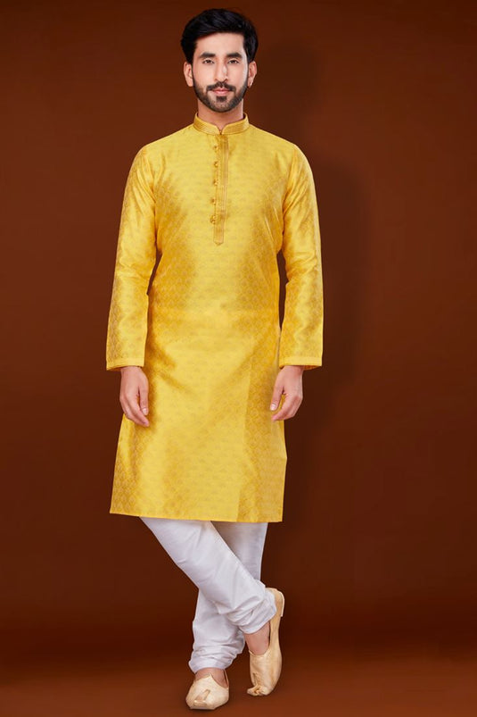 Yellow Color Jacquard Fabric Attractive Kurta Pyjama For Men