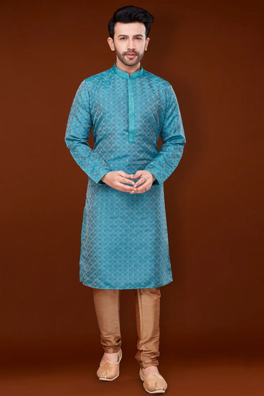 Cyan Color Jacquard Fabric Engaging Kurta Pyjama For Men