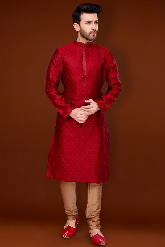 Red Color Jacquard Fabric Stunning Kurta Pyjama For Men