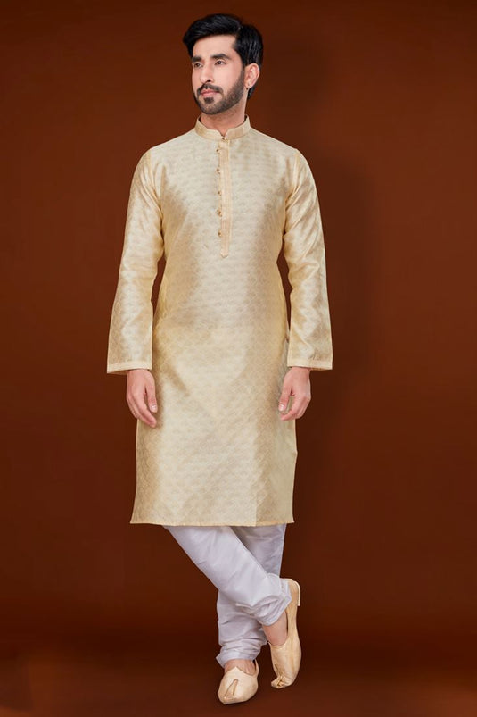Tempting Jacquard Fabric Cream Color Kurta Pyjama For Men