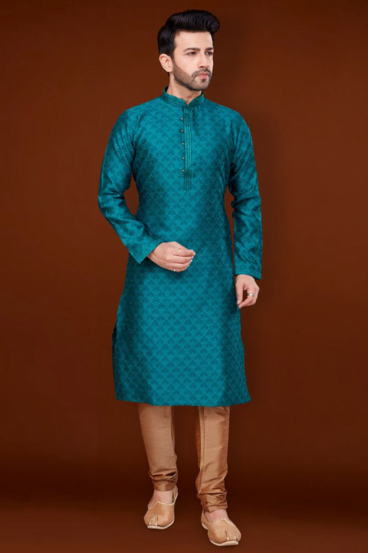 Jacquard Fabric Cyan Color Royal Kurta Pyjama For Men