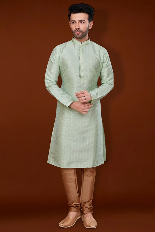 Engaging Sea Green Color Jacquard Fabric Kurta Pyjama For Men