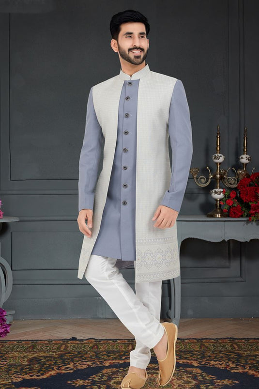 Fetching Jacquard Italian Indo Western In Grey Color