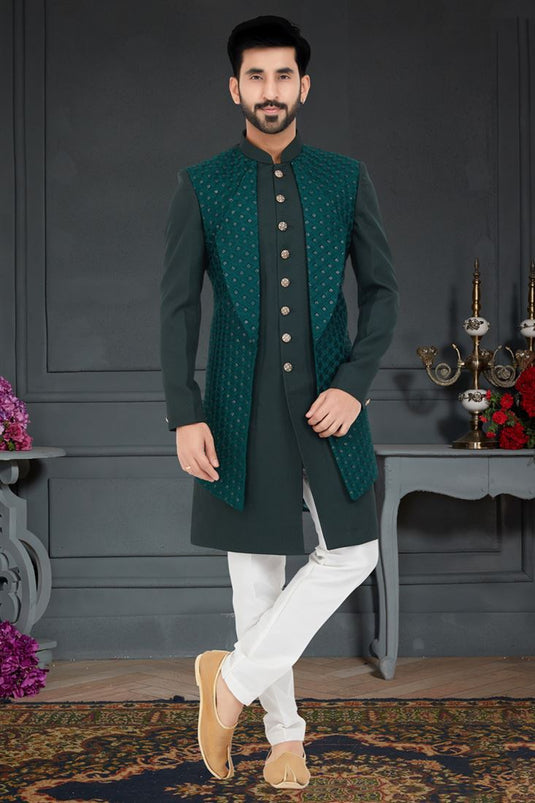 Stunning Dark Green Color Italian Indo Western In Fancy Fabric