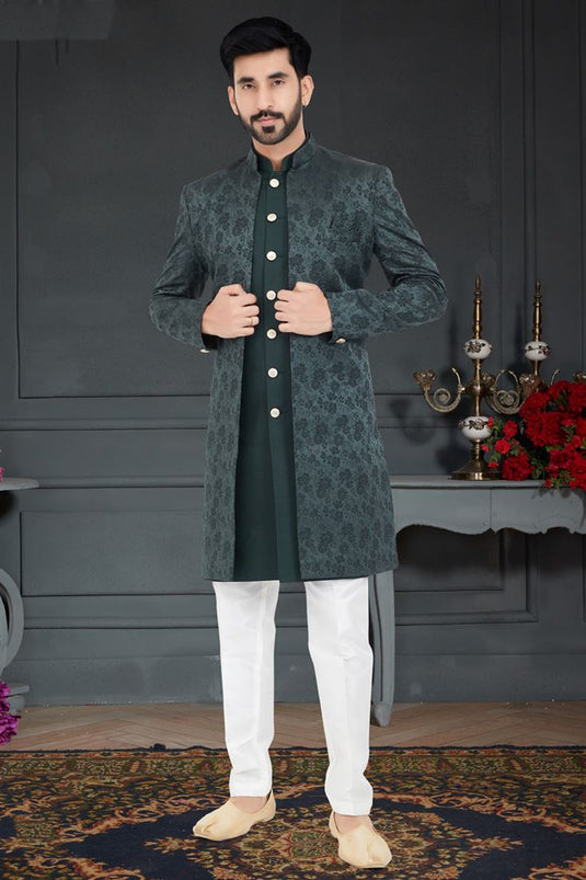 Striking Dark Green Color Jacquard Fabric Italian Indo Western