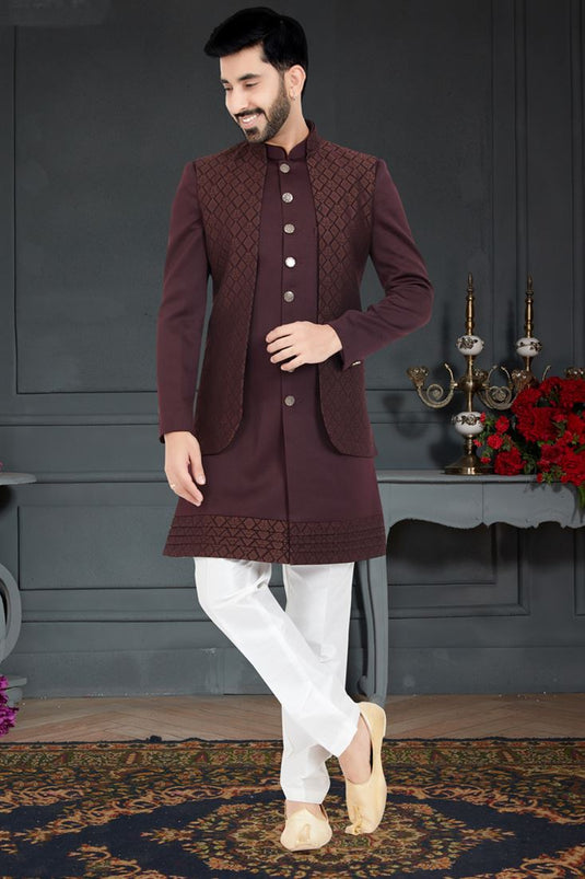Blissful Maroon Color Jacquard Fabric Italian Indo Western
