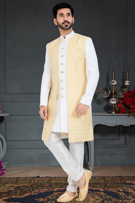 Attractive White Color Italian Indo Western In Jacquard Fabric