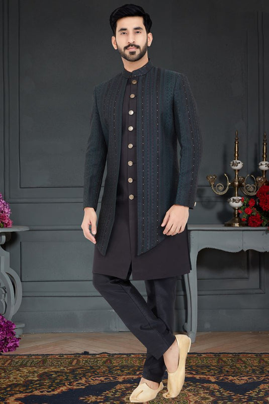 Splendiferous Black Color Jacquard Fabric Italian Indo Western