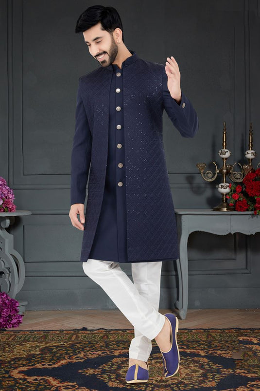 Captivating Fancy Fabric Italian Indo Western In Navy Blue Color