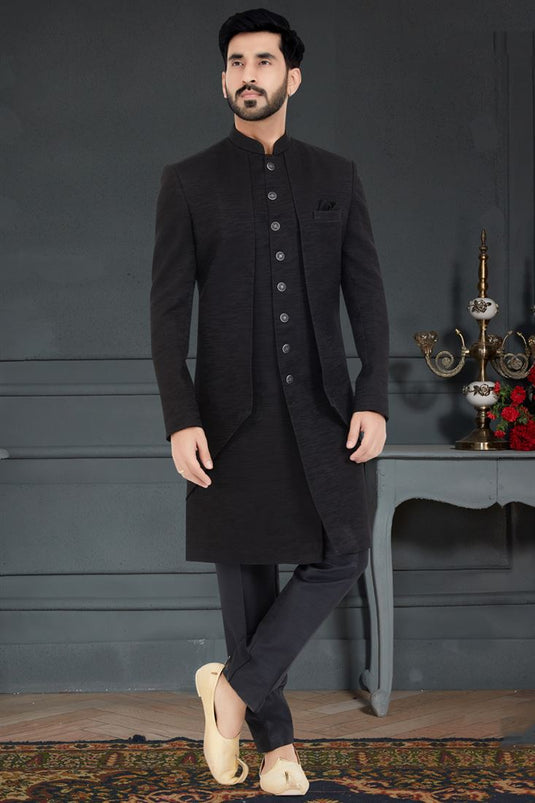 Trendy Textured Black Color Jacquard Fabric Italian Indo Western
