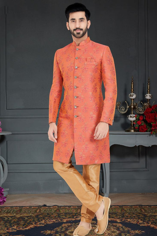 Orange Color Provocative Italian Indo Western In Jacquard Fabric