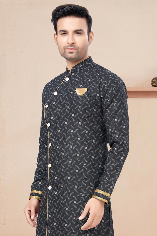 Printed Fancy Black Color Cotton Fabric Readymade Indo Western For Men