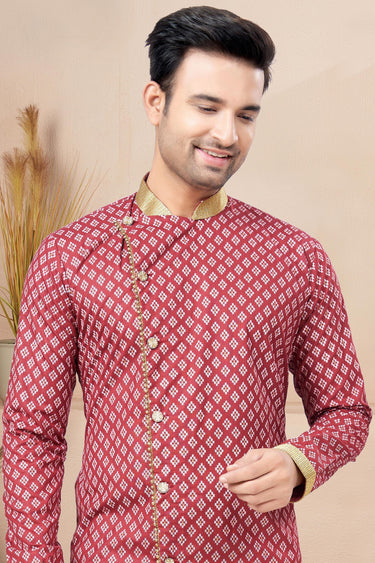 Cotton Fabric Printed Maroon Color Readymade Men Stylish Indo Western
