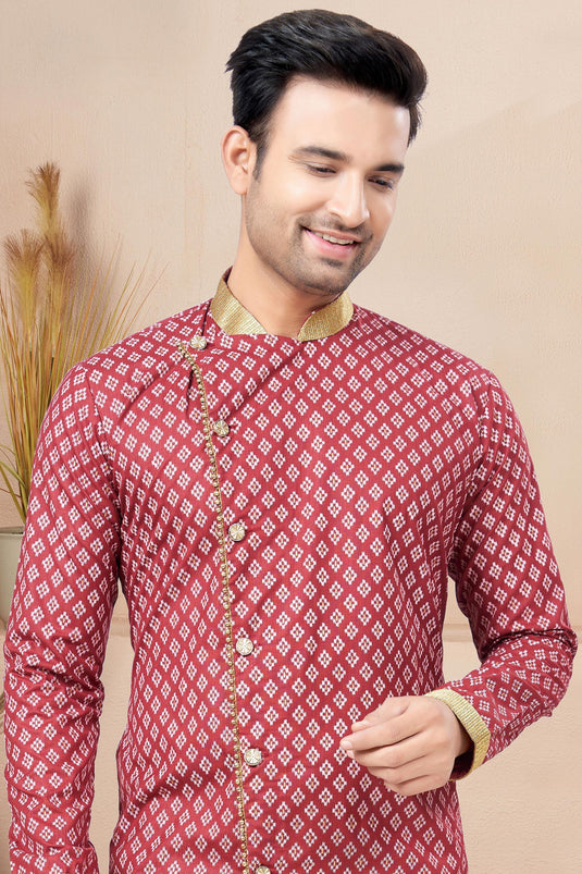 Cotton Fabric Printed Maroon Color Readymade Men Stylish Indo Western