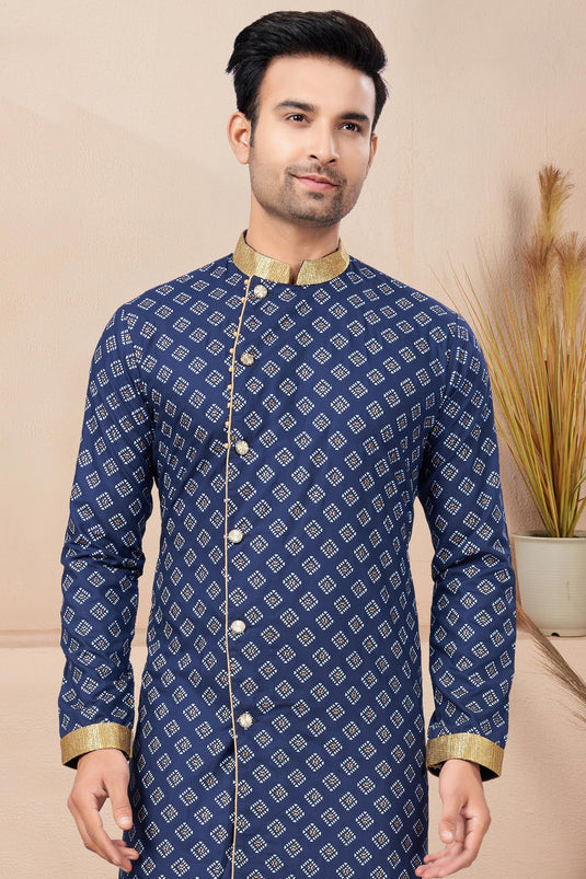 Navy Blue Cotton Fabric Printed Trendy Readymade Indo Western For Men