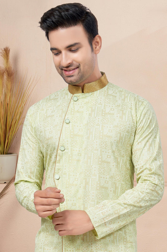 Cotton Sea Green Color Printed Readymade Designer Men Indo Western