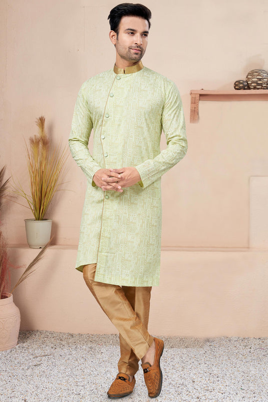 Cotton Sea Green Color Printed Readymade Designer Men Indo Western