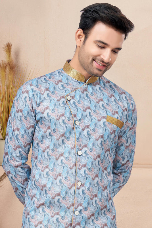 Stunning Printed Blue Color Readymade Men Indo Western