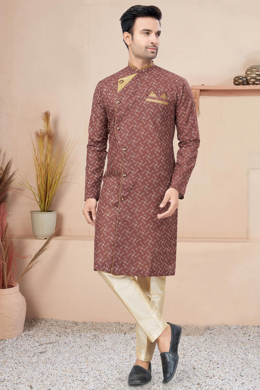 Printed Pretty Cotton Fabric Readymade Men Indo Western In Brown Color