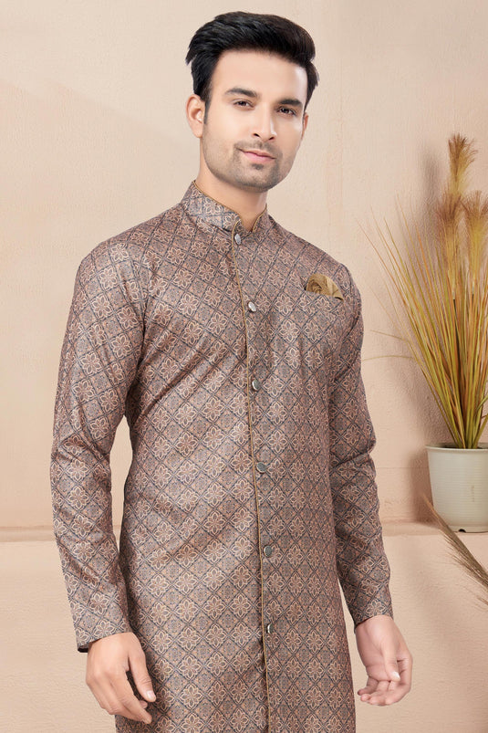 Beautiful Printed Brown Color Readymade Indo Western For Men In Cotton Fabric