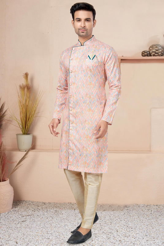 Attractive Printed Readymade Men Indo Western In Pink Color